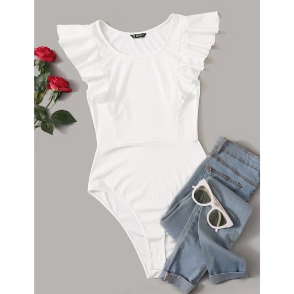 SHEIN Tops - SHEIN Solid Ruffled Cheeky-Cut Bodysuit Size XS White